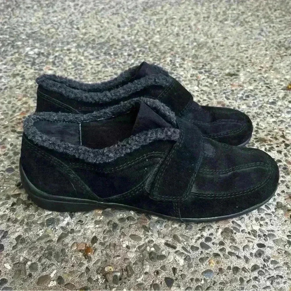 Clarks In Motion Easy Spirit Leather Faux Fur Ankle Loafer Women 10M Black - Picture 1 of 8